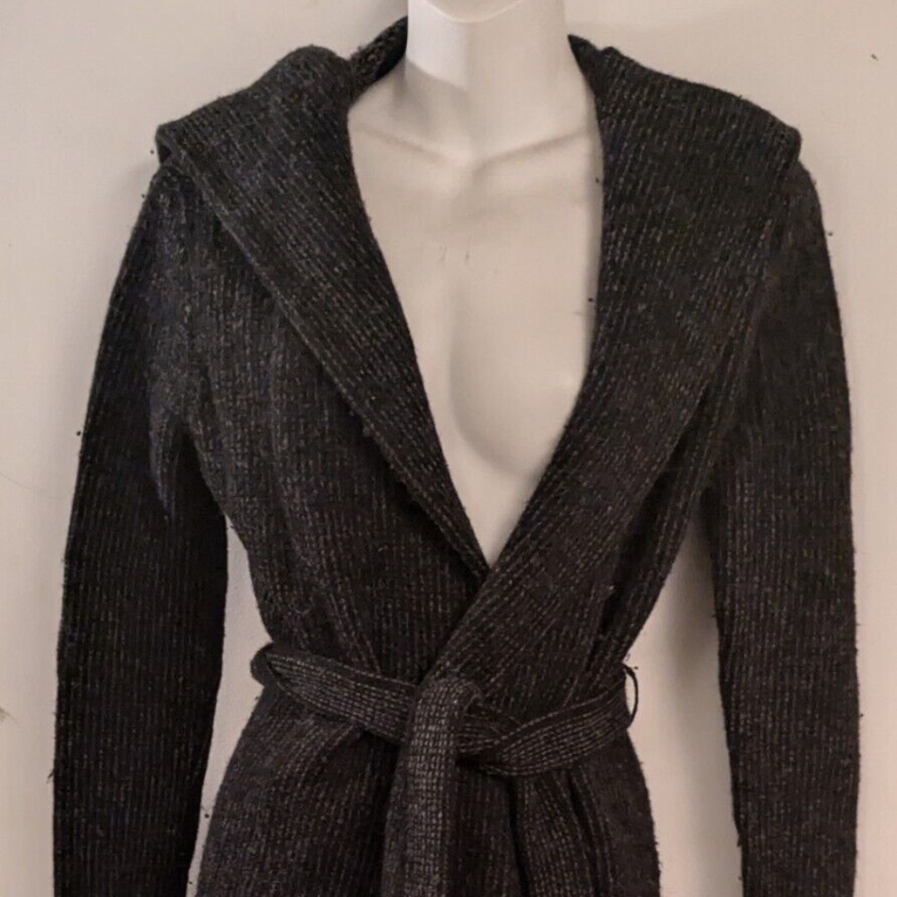Ralph Lauren Lambswool Blend Long Tie Front Sweater w/Hoodie- Black/Charcoal- XS